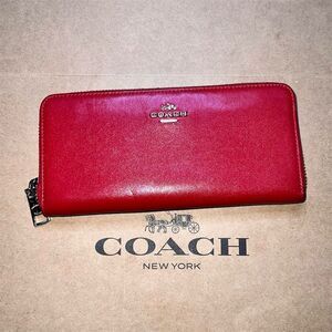 COACH Red Leather Zip-Around Wallet w Silver Hardware AUTHENTIC